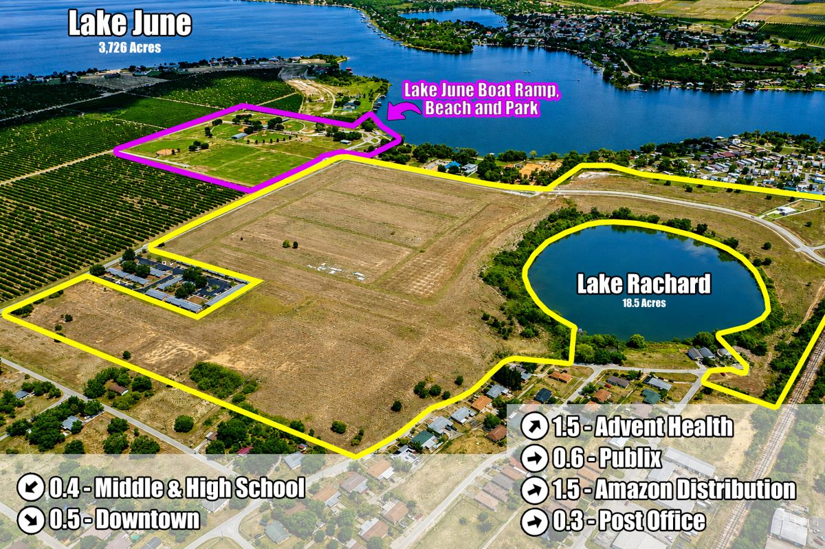 Aerial showing the project site, Lake June boat ramp and nearby services